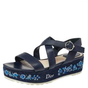 Dior Blue Leather Prairie Embroidered Denim Platform Sandals Size 40