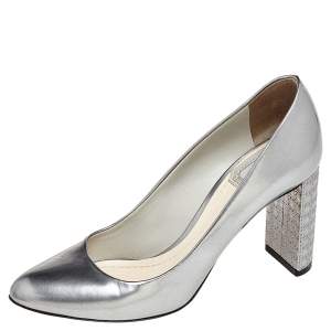 Pre Owned حذاء كعب عالي ديور مايكروكاناج جلد رصاصي ميتاليك كعب مربع سميك مقاس 35