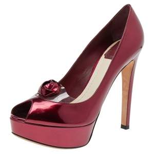 Dior Burgundy Patent Leather Flower Platform Pumps Size 37.5