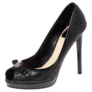 Dior Black Cannage Leather Bow Peep Toe Platform Pumps Size 36.5