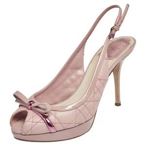 Dior Pink Cannage Cut Leather And Patent Leather Bow Peep Toe Slingback Sandals Size 37.5