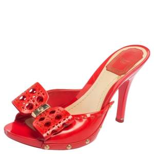Dior Coral Red Patent Leather Open Toe Bow Clog Sandals Size 37