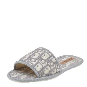 Dior Grey Fabric Oblique Chez Moi Flat Slide Sandals 37.5