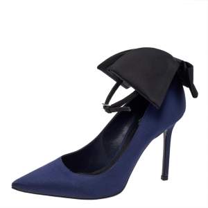 Pre Owned Dior Navy Blue Satin Bow Ankle Strap Pointed Toe Pumps Size 37.5