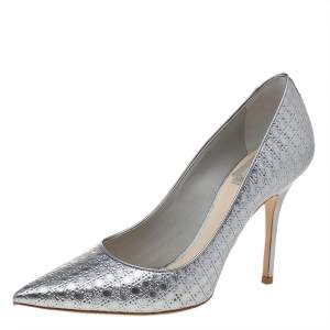 Pre Owned Dior Metallic Silver Cannage Leather Pointed Toe Pumps Size 37.5