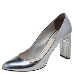 Dior Metallic Grey Patent Leather Cannage Block Heel Pumps Size 37.5