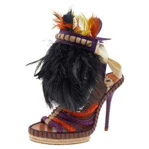 Dior Multicolor Braided Fabric, Leather, Ostrich Feather, And Suede Ankle Wrap Sandals Size 39.5