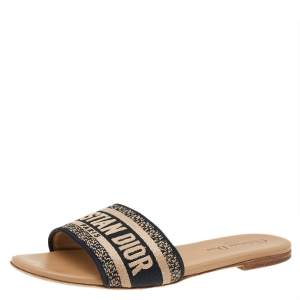 Pre Owned Dior Beige/Black Logo Embroidered Fabric Dway Flat Slides Size 38