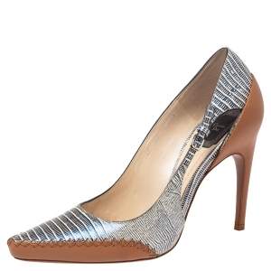 مملوكة مسبقًا Dior Tricolor Lizard Embossed Leather Cut Out Pointed Toe Pumps Size 38.5