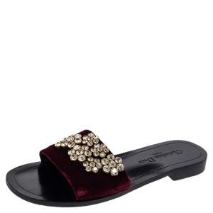 Dior Burgundy Velvet Crystal Embellishment Flat Slide Sandals Size 38