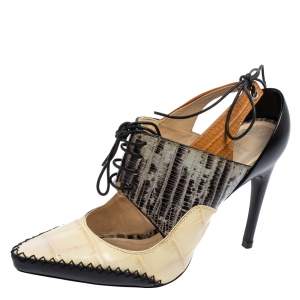 Pre Owned Dior Multicolor Leather, Lizard and Croc Embossed Cut Out Lace Up Pumps Size 37.5