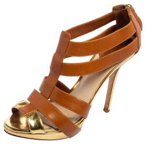 Dior Tan/Gold Metallic Leather and Leather Caged Peep Toe Pumps Size 38