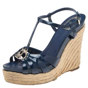 Dior Blue Patent Leather Espadrille Wedge T-Strap Sandals Size 39 