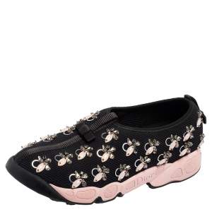 Dior Black/Pink Mesh Fusion Crystal Embellished Slip-On Sneakers Size 38.5