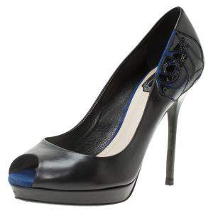 حذاء كعب عالي ديور جلد أسود وسويدي أزرق بنقشة وردة ومقدمة مفتوحة ونعل سميك مقاس 37.5