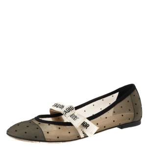 مملوكة مسبقًا Dior Black Mesh And Canvas D Mary Jane Flats Size 37