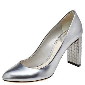 مملوكة مسبقًا Dior Metallic Silver Leather Cannage Block Heel Pumps Size 36.5