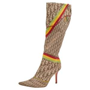 Dior Multicolor Monogram Canvas And Leather Knee Length Boots Size 40.5