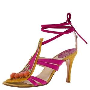 Pre Owned Dior Pink/Yellow Canvas And Suede Pom Pom Embellished Sandals Size 38.5