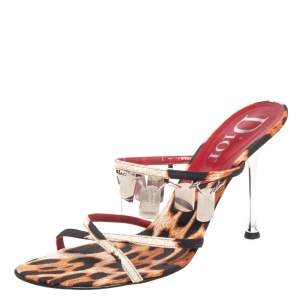 Dior Brown/Black Leopard Print Canvas Embellished Strappy Sandals Size 41