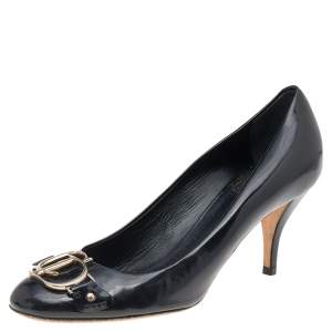 Pre Owned Dior Black Patent Leather CD Logo Round Toe Pumps Size 37
