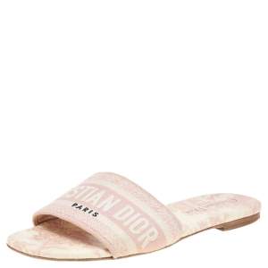 Pre Owned Dior Pink/Cream Embroidered Canvas Dway Flat Slides Size 36.5