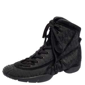 مملوكة مسبقًا Dior Black Oblique Canvas and Leather Lace Up High Top Sneakers Size 36