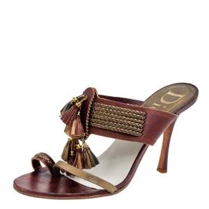 Dior Brown Leather Tassel Slide Sandals Size 39