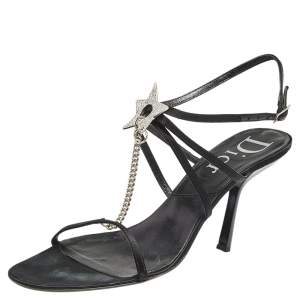 Dior Black Satin Star Crystal Embellished Ankle Strap Sandals Size 41