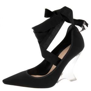 Pre Owned Dior Black Fabric Transparent Wedge Ankle Tie-Up Pumps Size 39