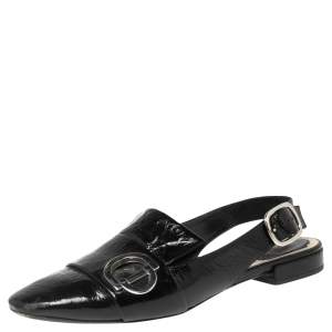 Dior Black Crinkled Patent Leather CD Buckle Slingback Flat Sandals Size 38.5