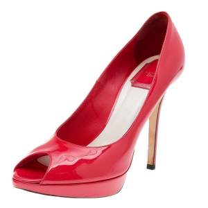 Dior Red Patent Leather Miss Dior Peep Toe Pumps Size 39