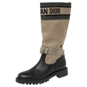 Dior Black/Army Green Leather and Canvas D-Major Mid-Calf Boots Size 38