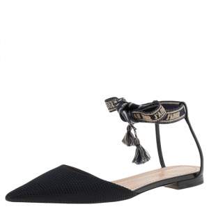 Dior Black Fabric J'adior Pointed Toe Ankle Wrap Flat Sandals Size 38