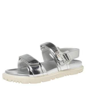 Pre Owned Dior Silver Leather Velcro Flat Sandals Size 39