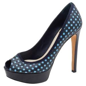 Pre Owned Dior Blue Cannage Cutout Leather Miss Dior Peep Toe Platform Pumps Size 38.5