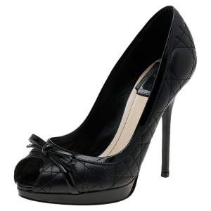 مملوكة مسبقًا Dior Black Cannage Leather Bow Peep Toe Platform Pumps Size 36