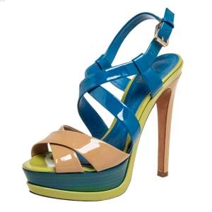 Dior Multicolor Patent Leather Cross Strap Slingback Platform Sandals Size 38