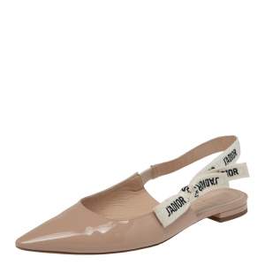 Dior Beige Patent Leather J'adior Slingback Flat Sandals Size 38