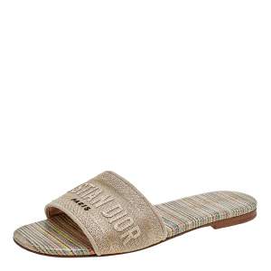 Dior Beige Cotton Knit Embroidered Dway Flat Slide Sandals Size 36