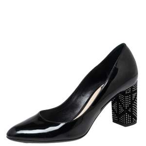 Pre Owned Dior Black Patent Leather Studded Block Heel Pumps Size 37