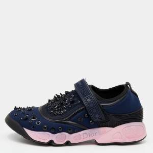 Pre Owned Dior Navy Blue/Black Sequin Embellished Fabric And Mesh Fusion Sneakers Size 36.5