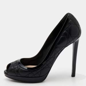 Pre Owned Dior Black Quilted Cannage Leather And Patent Trim Peep Toe Pumps Size 37