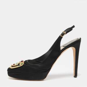 Pre Owned Dior Black Satin Crystal Embellished Buckle Slingback Pumps Size 39