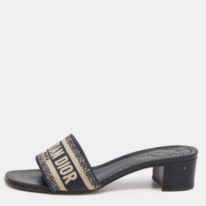 Dior Navy Blue Embroidered Canvas Dway Slide Sandals Size 39