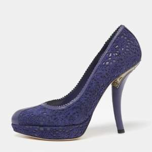 Pre Owned Dior Blue Laser-Cut Suede and Leather Dior Byz Platform Pumps Size 36.5