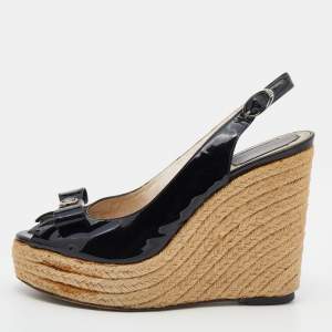Dior Black Patent Leather Wedge Espadrille Bow Platform Slingback Sandals Size 38
