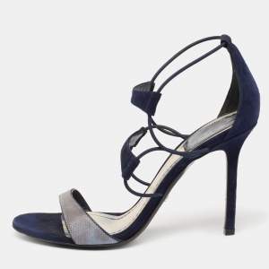 Dior Blue Suede And Python Embossed Leather Open Toe Strap Sandals Size 37