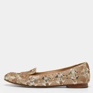 Pre Owned Dior Beige/Gold Sequin And Leather Smoking Slippers Size 36