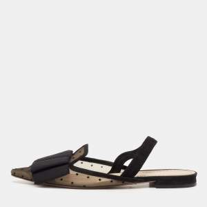 Pre Owned Dior Black Mesh And Suede Trim Polka Dot Bow Slingback Flats Size 36